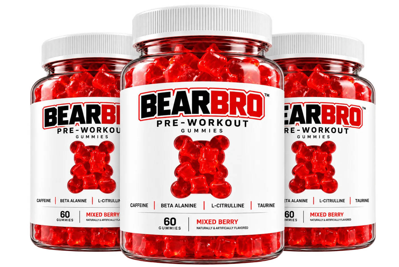 Three bottles of Bear Bro pre-workout gummies