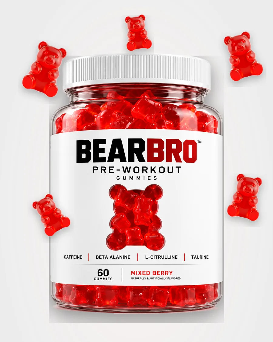 Bear Bro bottle with gummy bears floating around it
